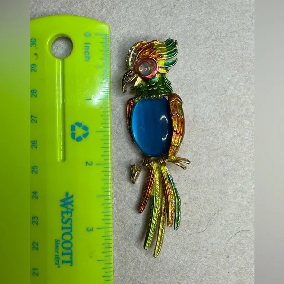 Vintage Cockatoo Brooch with Blue Gem signed ART - Picture 2 of 11